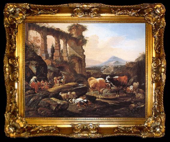 framed  Johann Heinrich Roos Landscape with Shepherds and Animals, ta009-2
